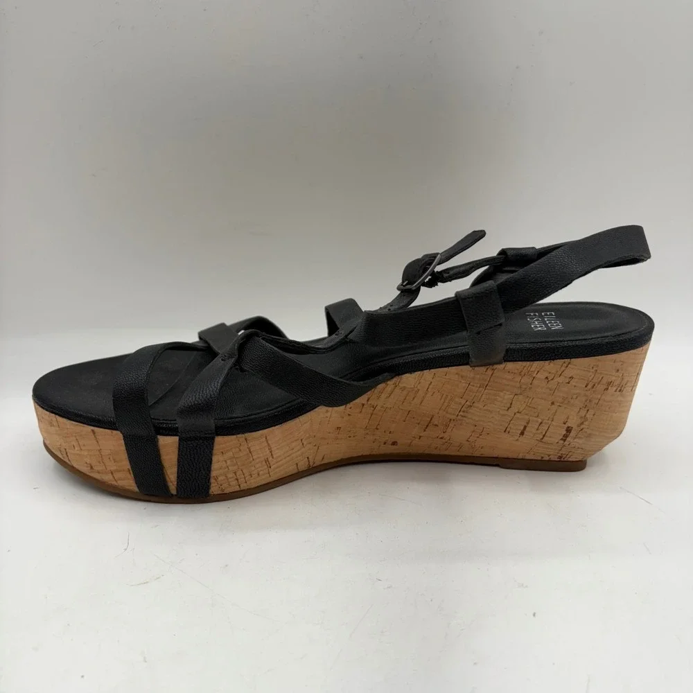 Eileen‎ Fisher Womens Black Leather Cork Platform Wedge Strappy Sandals Size 9.5
